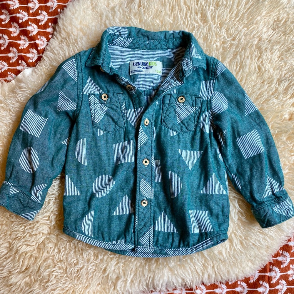 Teal Geometric Patterned Toddler Button Up Shirt